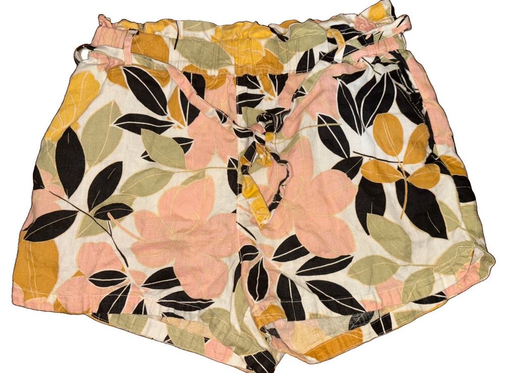 Large Rachel Zoe Floral Print Bohemian Drawstring Stretchy Shorts 100% Linen
